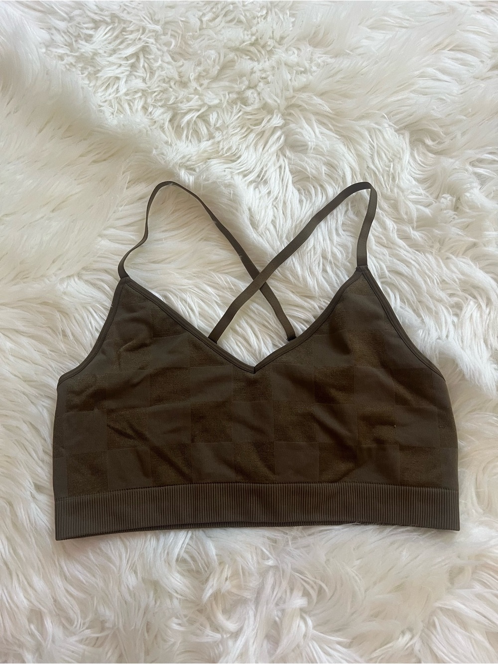 Good American Seamless Crossback Bralette in Checkered Olive Green